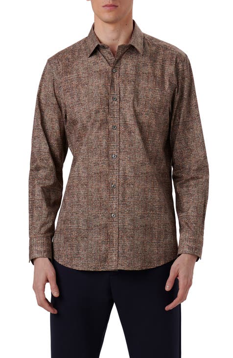 Julian Shaped Fit Herringbone Print Stretch Cotton Button-Up Shirt