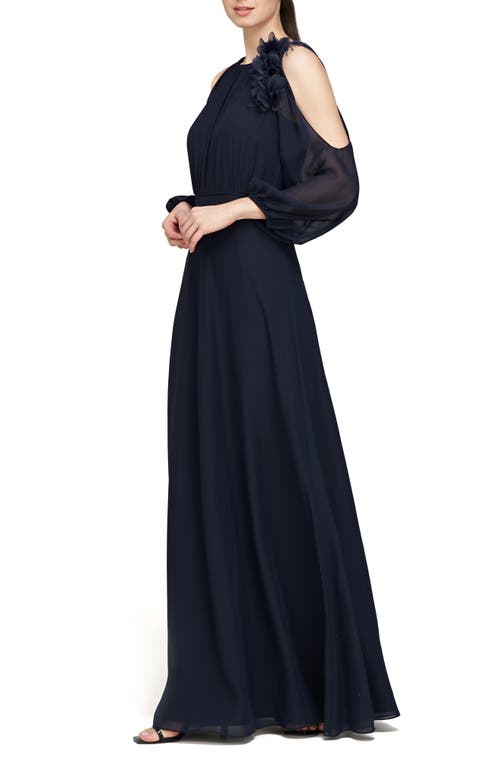 Shop Js Collections Amanza Bracelet Sleeve Cold Shoulder Gown In Navy