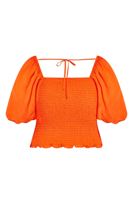 Shop City Chic Poppie Smocked Puff Sleeve Top In Tangerine Tango