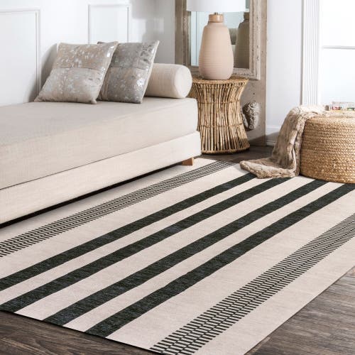 Shop Jonathan Y Vichy Geometric Striped Machine-washable Area Rug In Ivory/dark Gray