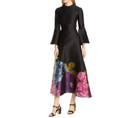 Valentino Long Sleeve Metallic Floral Brocade Tea Length Dress, US / 42 IT - Black