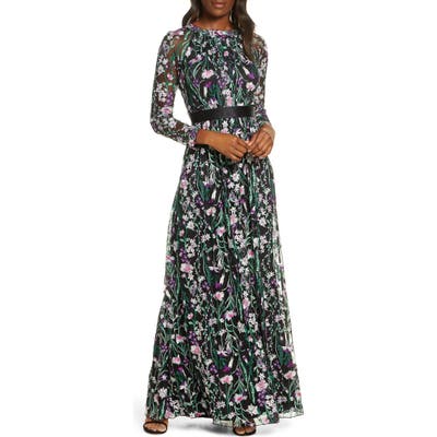 Tadashi Shoji Embroidered Long Sleeve Gown, Black