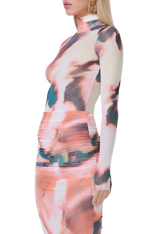 Shop Afrm Zadie Print Turtleneck Mesh Top In Spice Watercolor