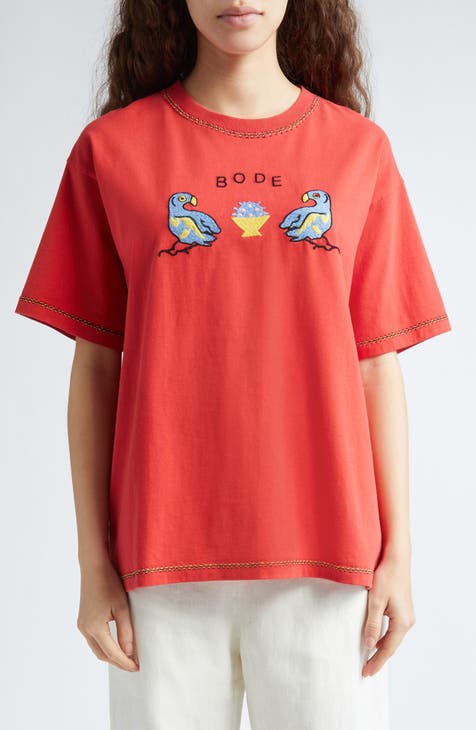 Embroidered Parakeets Cotton Graphic T-Shirt