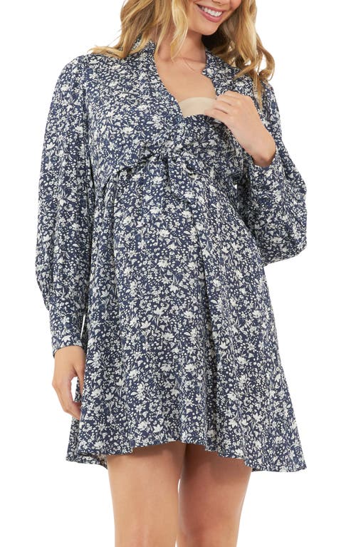 Shop Ripe Maternity Thea Long Sleeve Tie Waist Maternity/nursing Dress In Navy/white