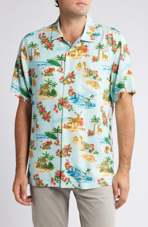 Shop Tommy Bahama Santa Shores Holiday Print Silk Camp Shirt In Light Sky