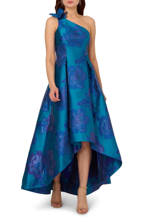 Floral Jacquard One-Shoulder Gown in Teal/Blue