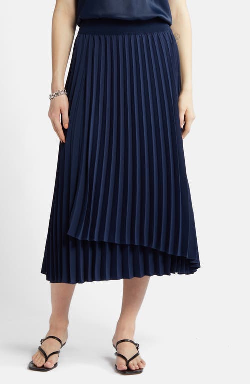 Pleated Asymmetric Hem Midi Skirt in Navy Blazer