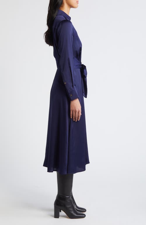 Shop Tahari Asl Long Sleeve Hammered Satin Wrap Front Shirtdress In Navy