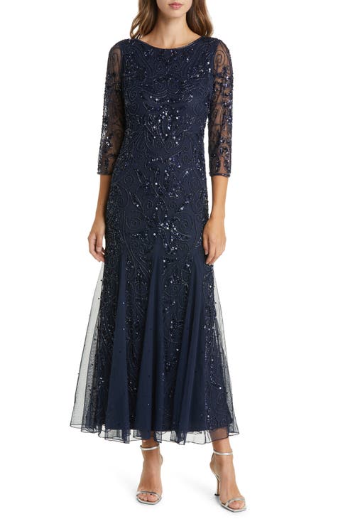 Illusion Sleeve Beaded A-Line Gown (Regular & Petite)