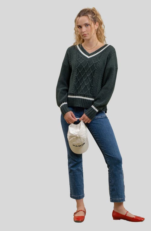 Blu Pepper Stripe V-neck Cable Knit Sweater In Hunter Green