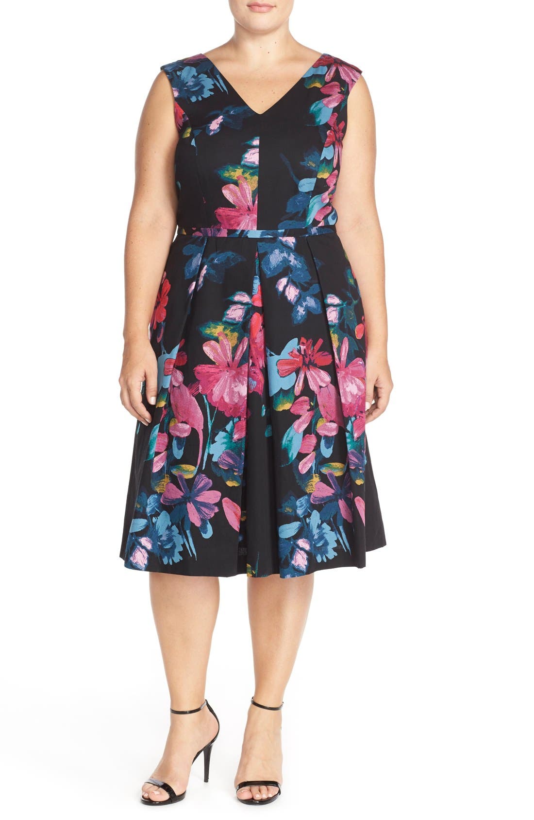 Adrianna Papell Floral Print Cotton Faille Fit & Flare Dress (Plus Size