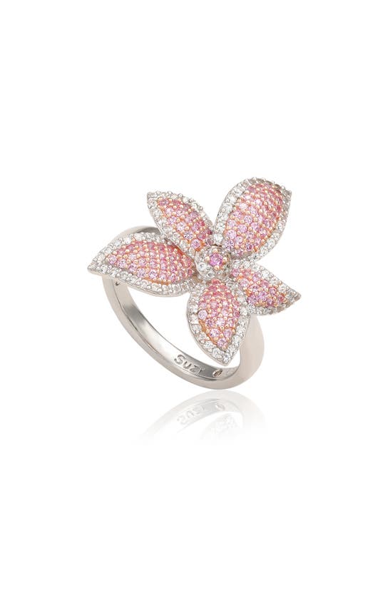 Suzy Levian Pink Sapphire & White Sapphire Flower Ring In Pink