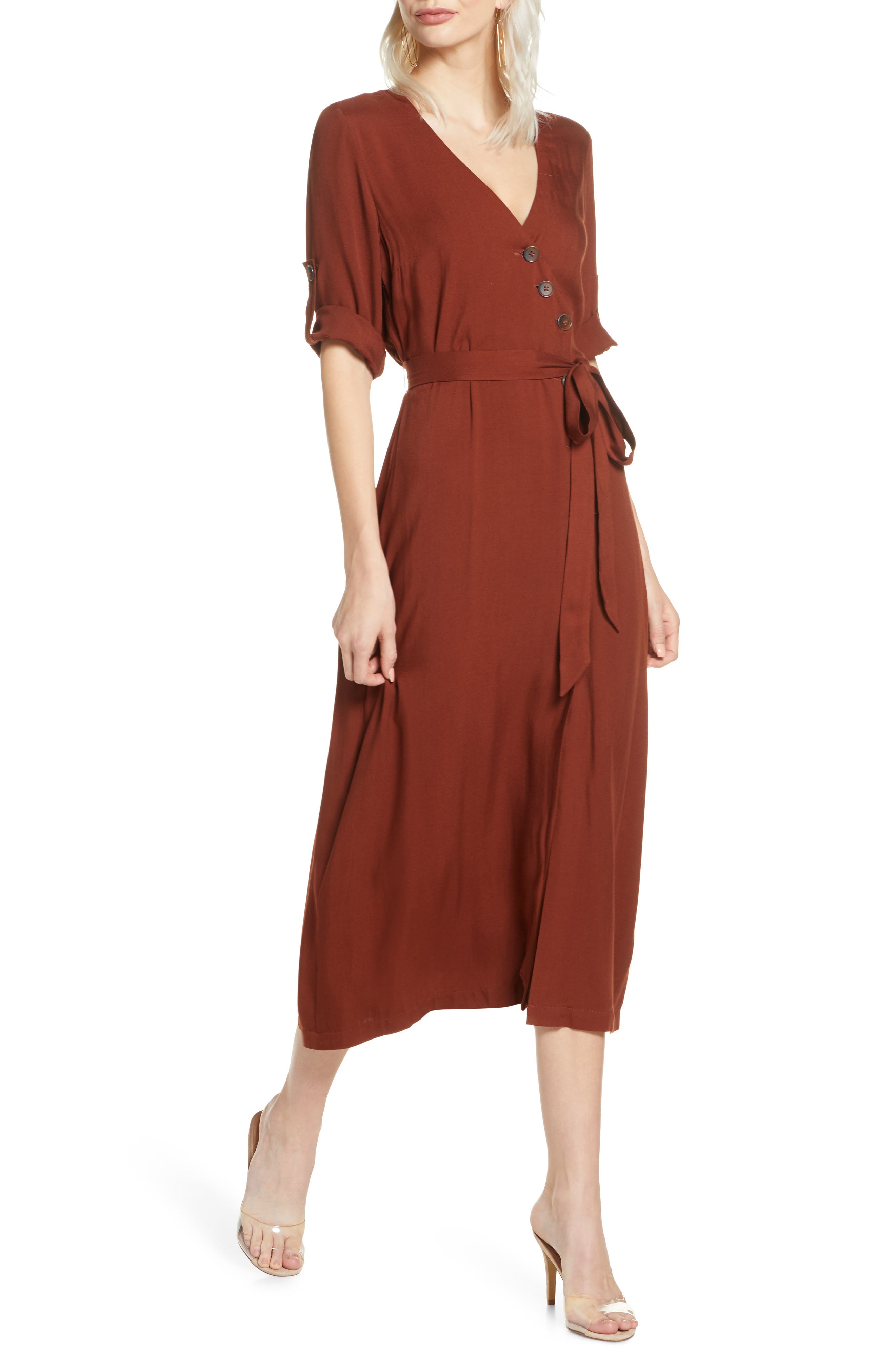 asymmetrical button front midi dress