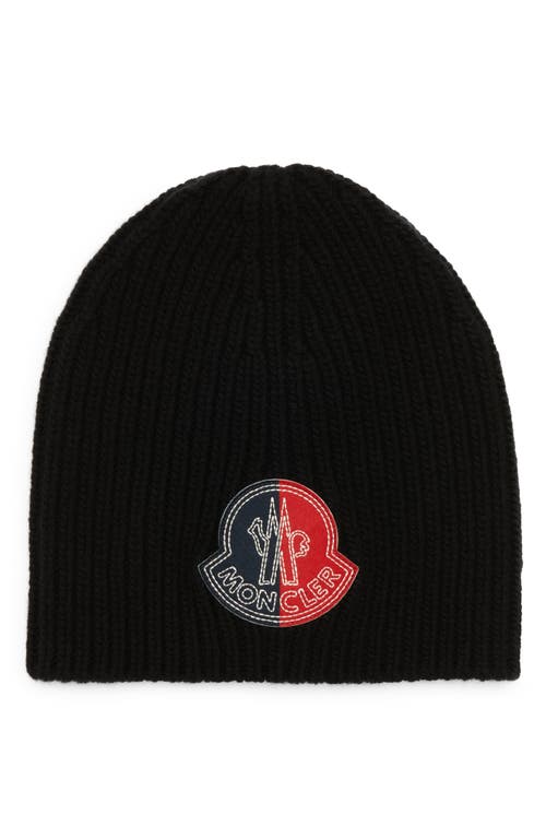 2 Moncler 1952 Logo Patch Ribbed Virgin Wool Beanie in Black