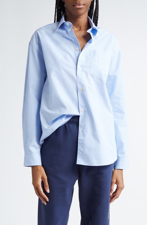 Hotel du Cap Oversize Stripe Cotton Button-Up Shirt in Blue/White Thin Stripe