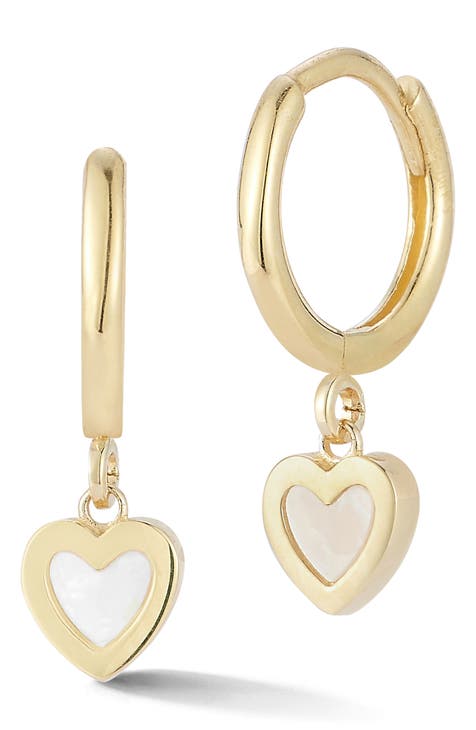 14K Yellow Gold Mother-of-Pearl Heart Drop Huggie Hoop Earrings
