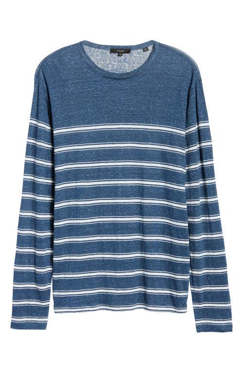 Shop Vince Stripe Crewneck Linen Sweater In Brisk Blue/optic White