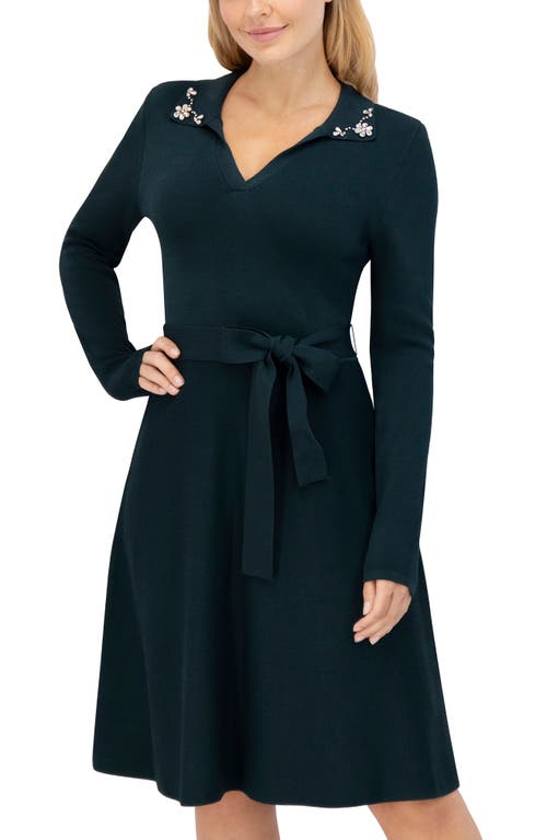 Shop Eliza J Embellished Collar Long Sleeve Sweater Dress In Spruce