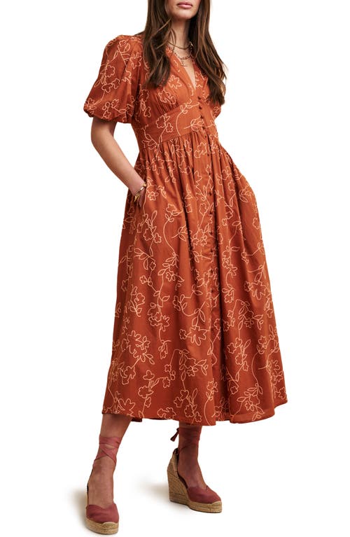 Starlight Floral Embroidered Organic Cotton Midi Dress in Brown