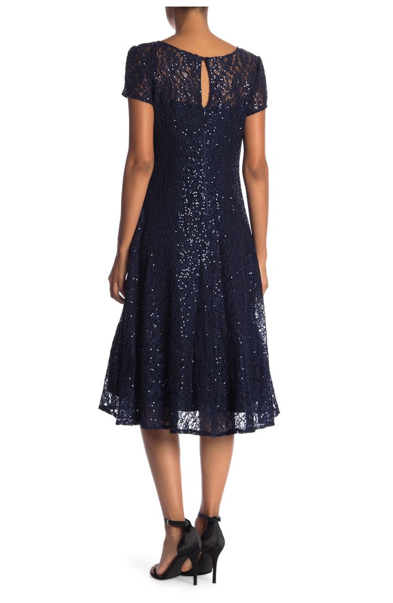 SL Fashions Women's Sequined Lace Midi Dress Blue Size 6