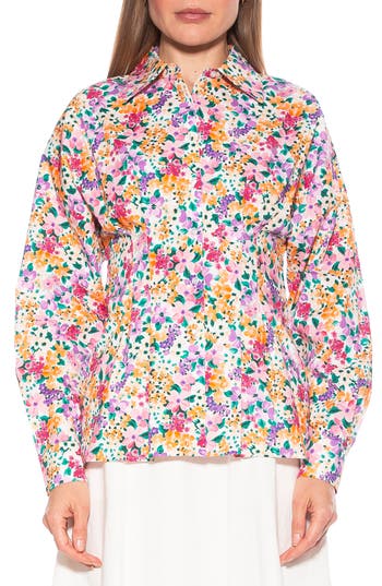 Alexia Admor Calliope Fitted Long Sleeve Button-up Shirt In White/purple Floral Multi