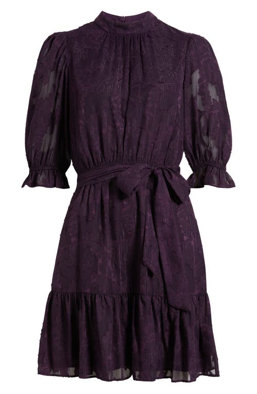 Eliza J Metallic Puff Sleeve Chiffon Cocktail Dress In Plum