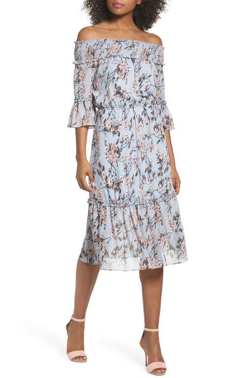 Chelsea28 Off the Shoulder Midi Dress in Light Blue Sakura Floral