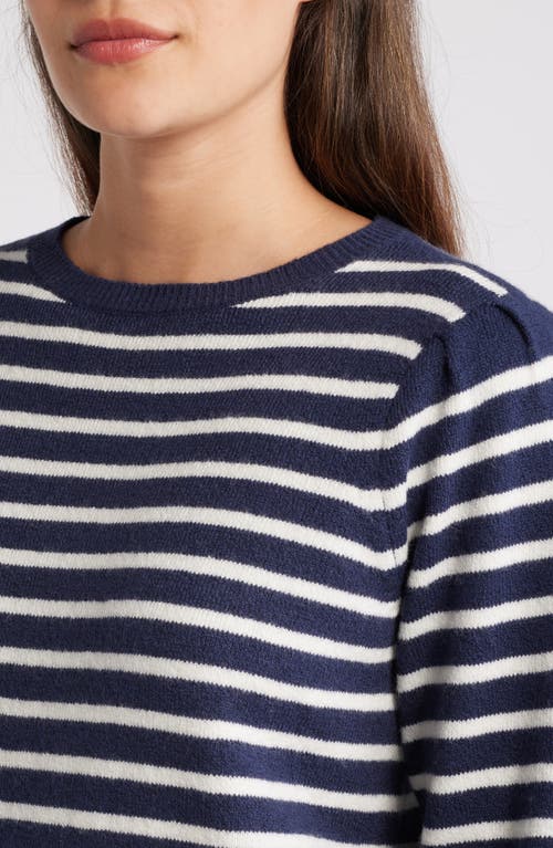 Shop Caslonr Caslon(r) Puff Sleeve Cotton Blend Crewneck Sweater In Navy- Ivory Pinstripe