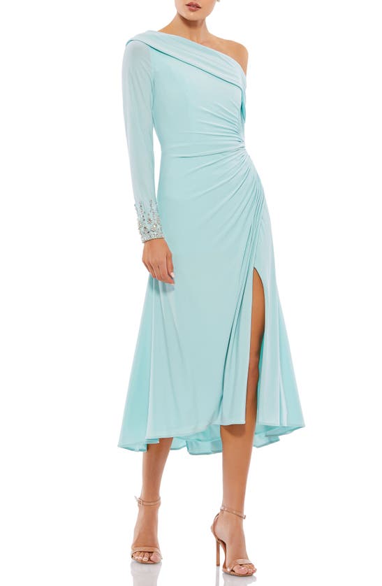 Shop Mac Duggal One-shoulder Long Sleeve Midi Dress In Powder Blue