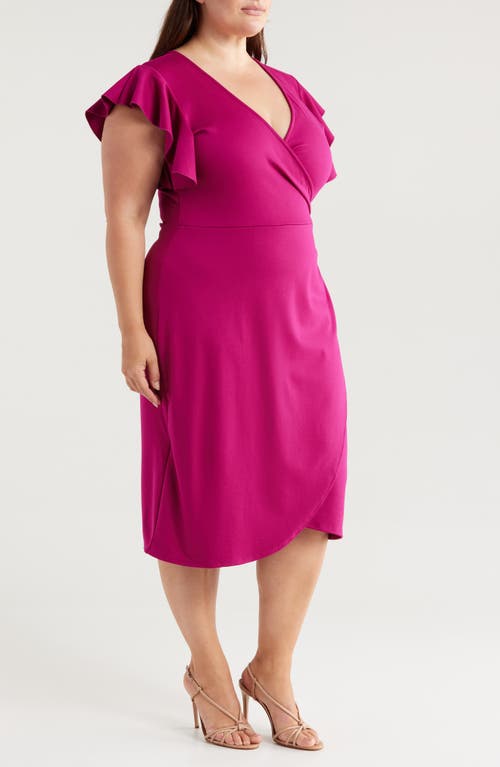 24seven Comfort Apparel Ruffle Sleeve Stretch Faux Wrap Dress In Magenta