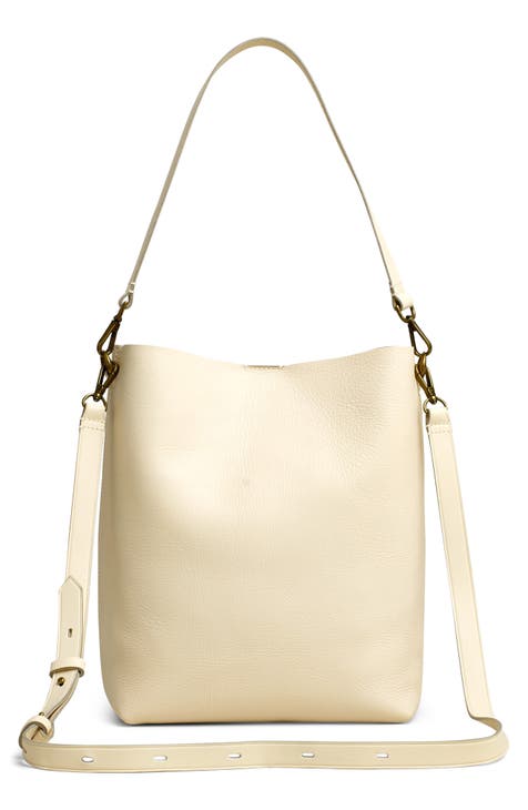 Leather Accents Drawstring Tote Shoulder Bucket Handbags for Women (Beige)