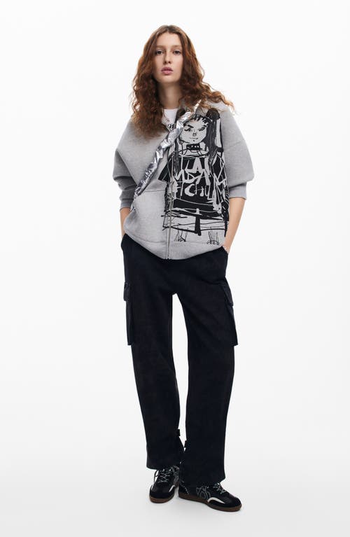 Desigual Front Zip Cotton Blend Hoodie In Black/grey