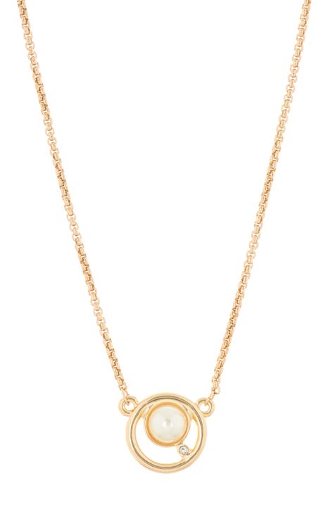 Imitation Pearl & Crystal Circle Pendant Necklace