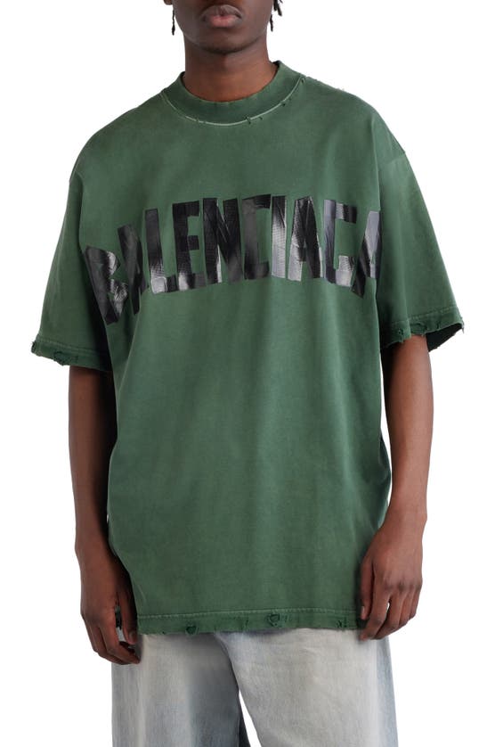 Shop Balenciaga Distressed Tape Logo Cotton T-shirt In Dark Green