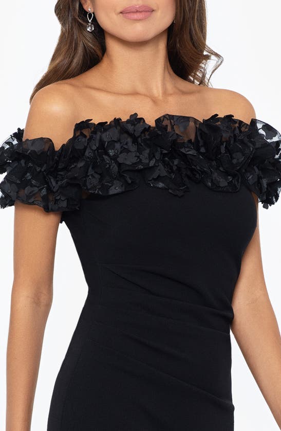 Shop Xscape Evenings Ruffle Off The Shoulder Crepe Gown In Black