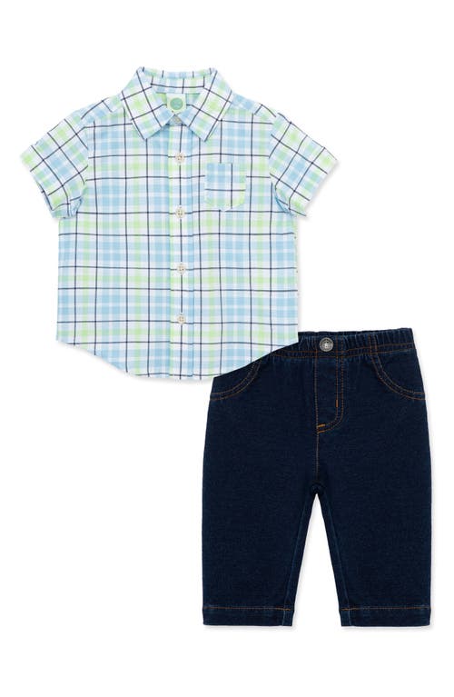 Little Me Plaid Short Sleeve Button-Up Shirt & Jeans Set Blue at Nordstrom,
