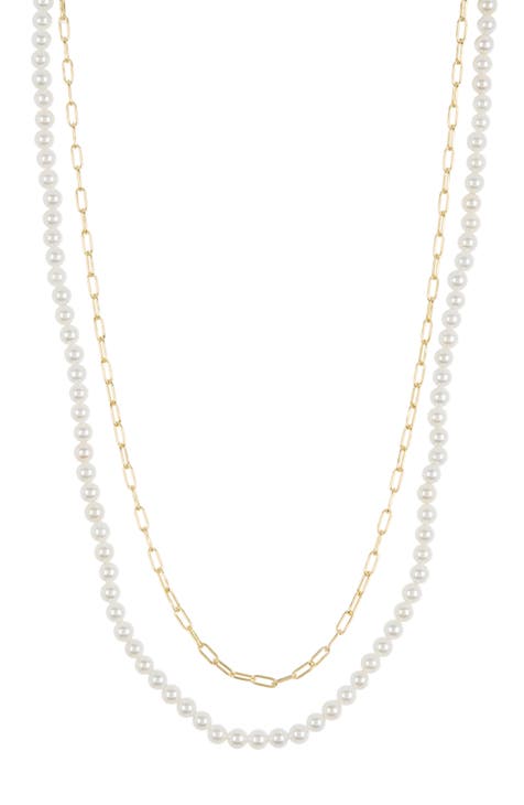 Double Row Imitation Pearl & Chain Link Necklace