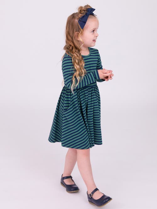 Shop Rufflebutts Toddler Girls Knit Long Sleeve Twirl Dress In Fir Green & Navy Stripe