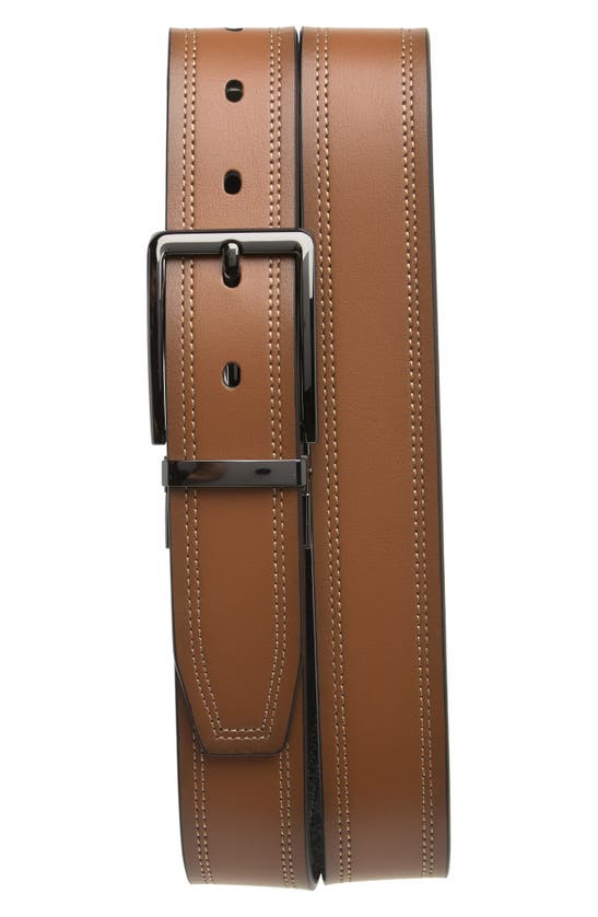 Original Penguin Stitched Reversible Leather Belt In Brown