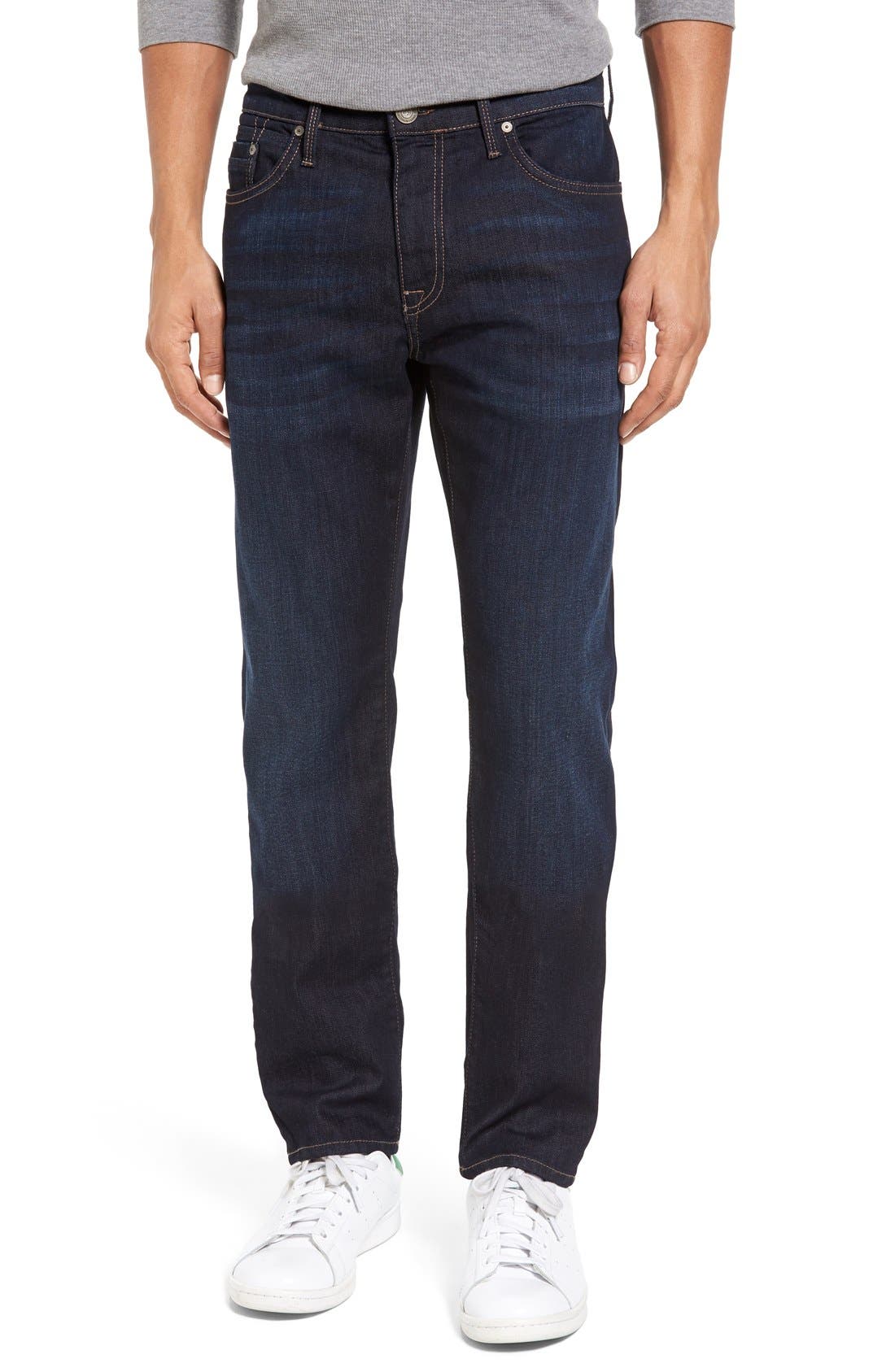 mens dark blue jeans with white stitching