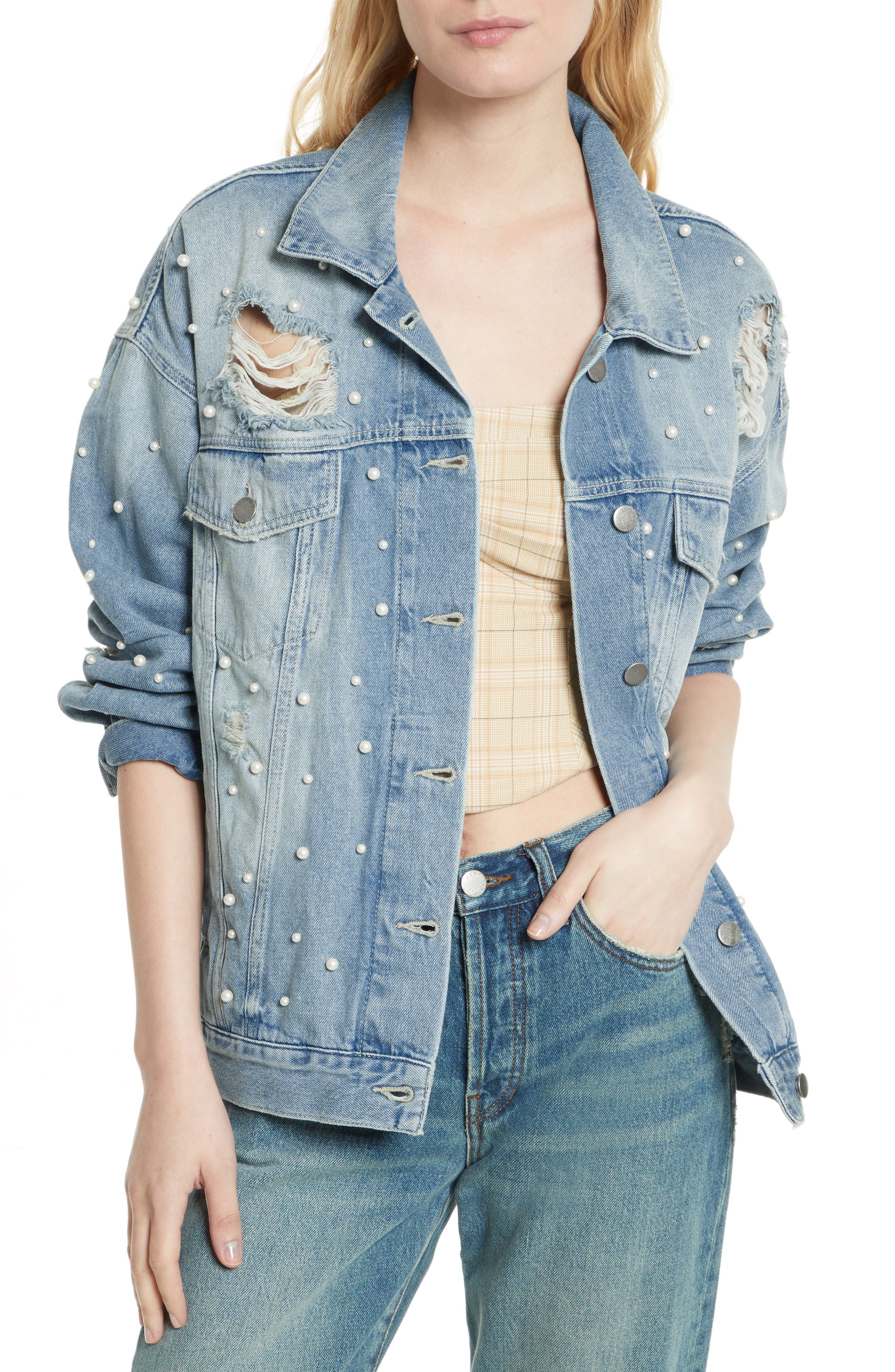 sunday funday blue oversized pearl denim jacket