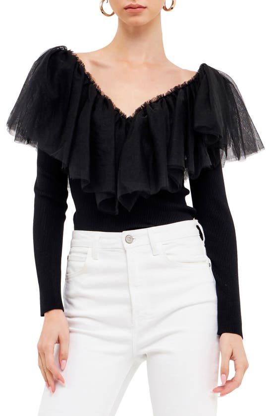 Shop Endless Rose Ruffle Mesh Mixed Media Top In Black