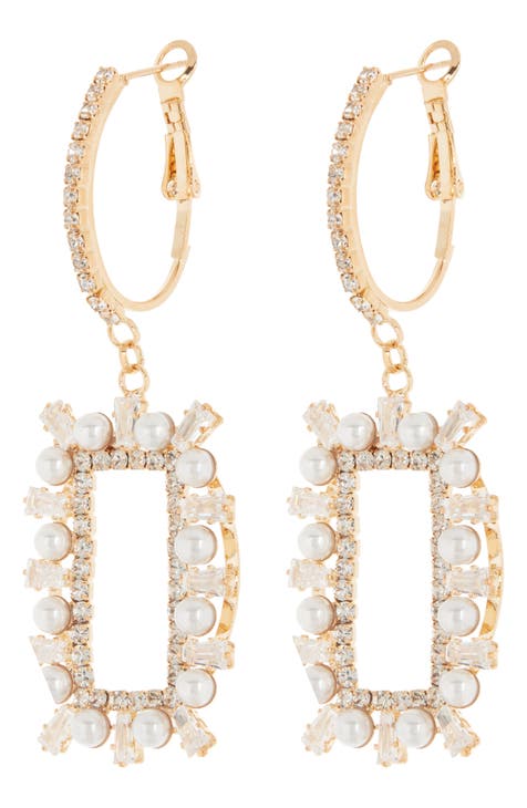 Imitation Pearl & Crystal Frame Drop Earrings
