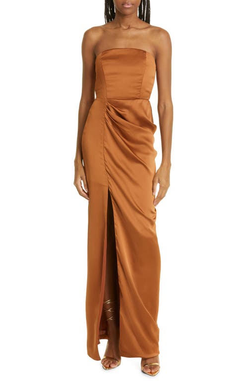 Ramy Brook Farima Strapless Ruched Satin Gown in Copper