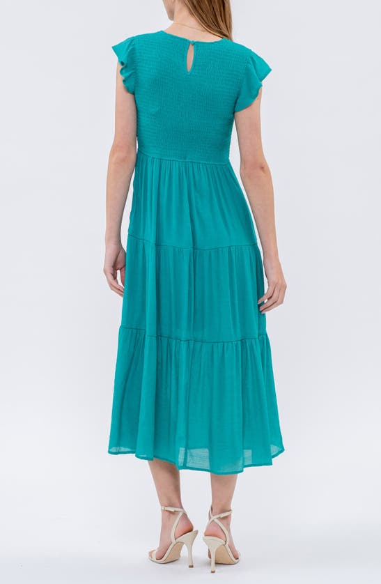 Shop Blu Pepper Flutter Sleeve Smocked Tiered Midi Dress In Emerald