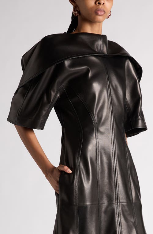 Shop Bottega Veneta Drape Puff Sleeve Napa Leather Dress In 1000 Black