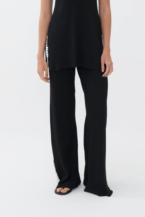 Shop Nocturne Mother Of Pearl Beaded Knit Pants In Black