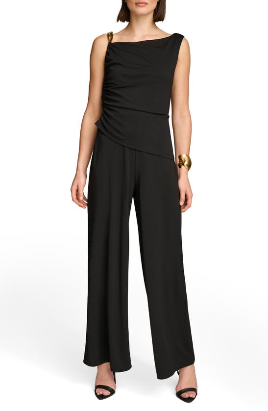 Shop Dkny Poly Ruched Sleeveless Wide Leg Jumpsuit In Black