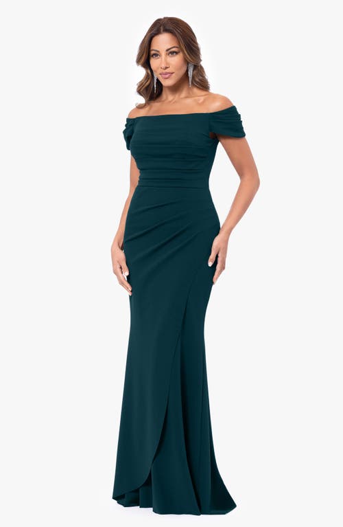 Shop Xscape Evenings Ruched Scuba Off The Shoulder Gown In Pine